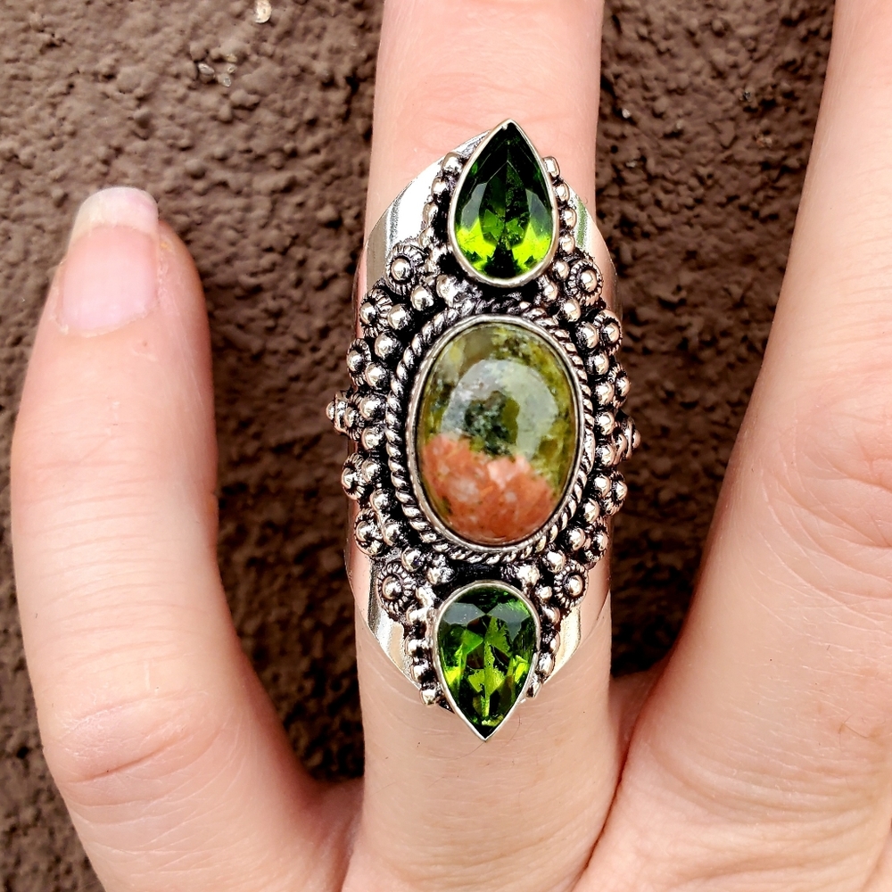 New Unakite and Peridot 925 Silver Statement Ring.
